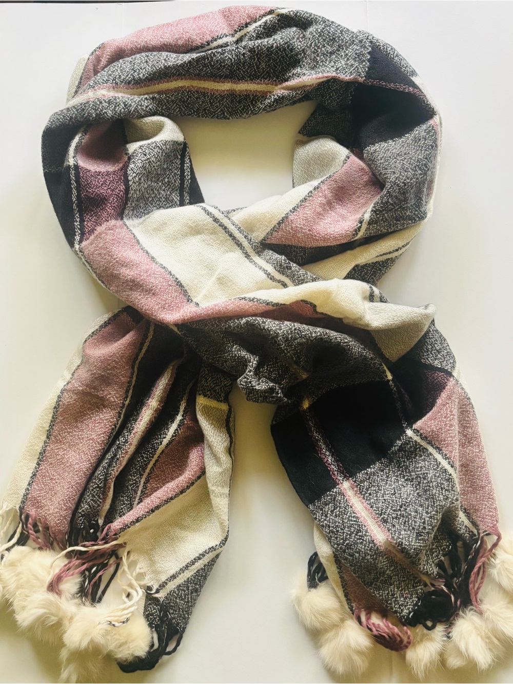 Plaid Fringe Scarf in Pink, Black & Cream